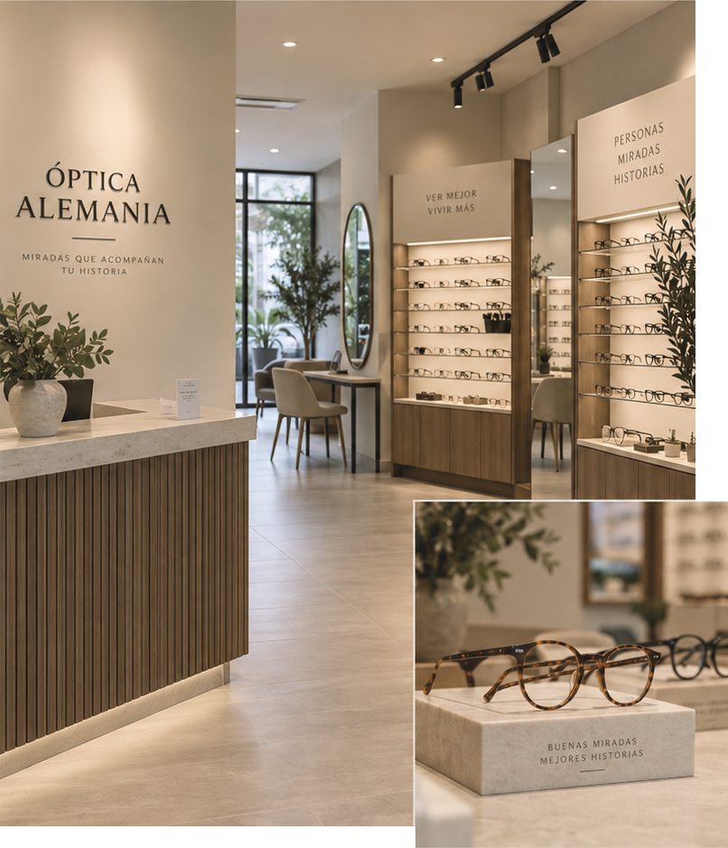 Interior del establecimiento físico y montura de precisión en Óptica Alemania Barzal